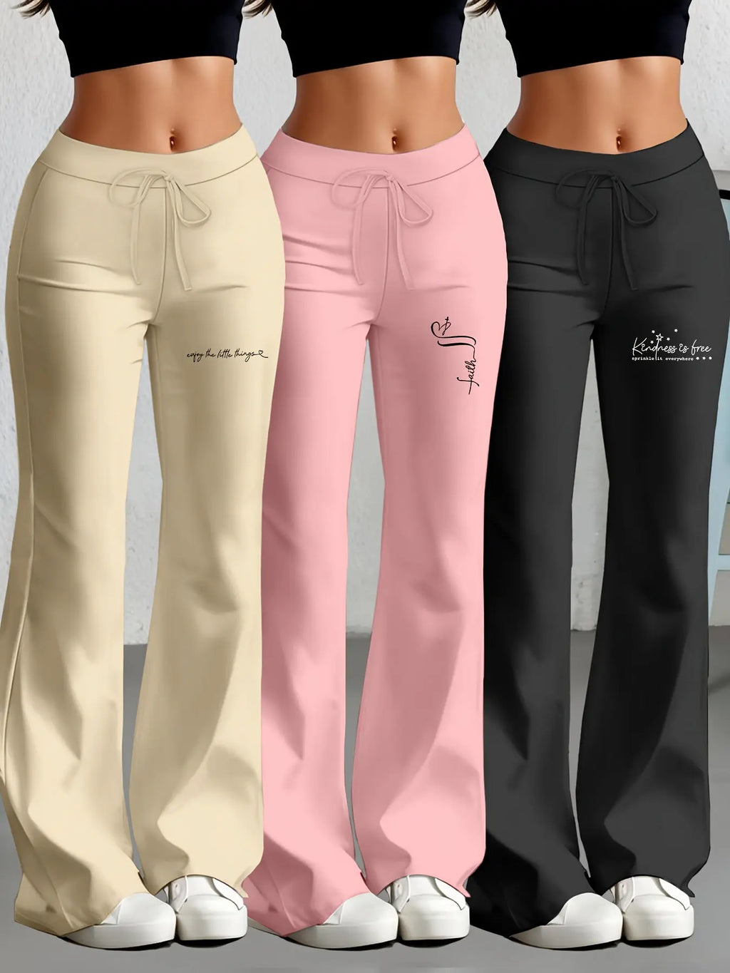 European and American Women's Straight-Leg Flare Pants Classic Personality English Text Print Long Pants 3pcs Set NNOS