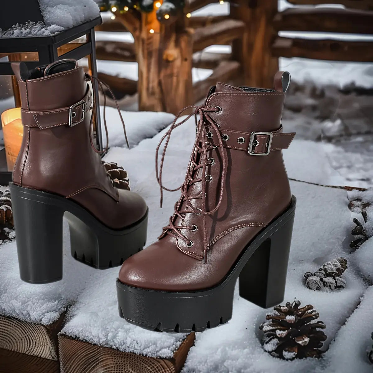 Women’s Chunky Platform Boots – Brown Lace-Up Zip Heeled Boots with Non-Slip Sole NNOS