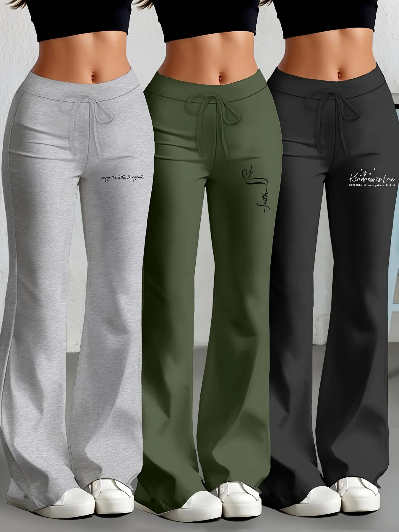 European and American Women's Straight-Leg Flare Pants Classic Personality English Text Print Long Pants 3pcs Set NNOS
