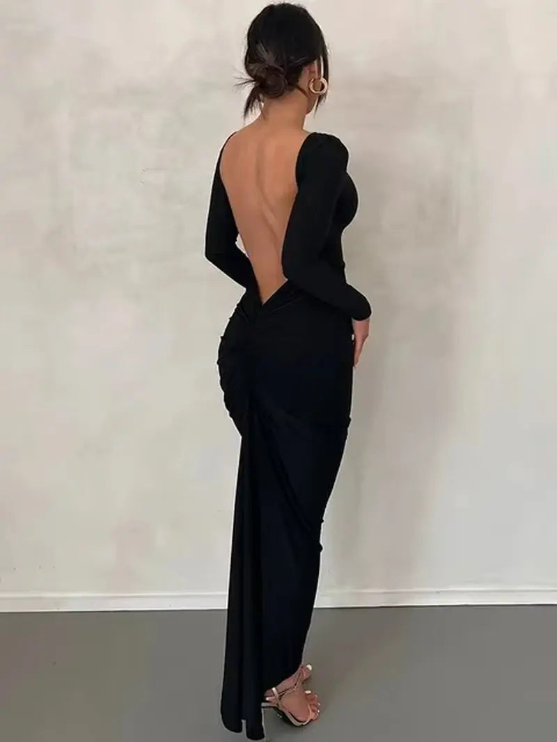 Sophisticated Open Back White Midi Dress with Long Sleeves - Perfect for Parties & Club Events, Dropshipping & Wholesale Available!