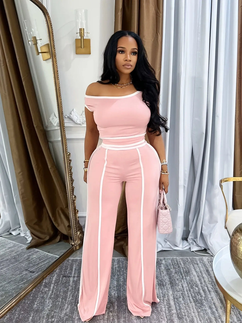 Stylish Off-Shoulder Two-Piece Set – Color Block Crop Top & High-Waist Pants NNOS