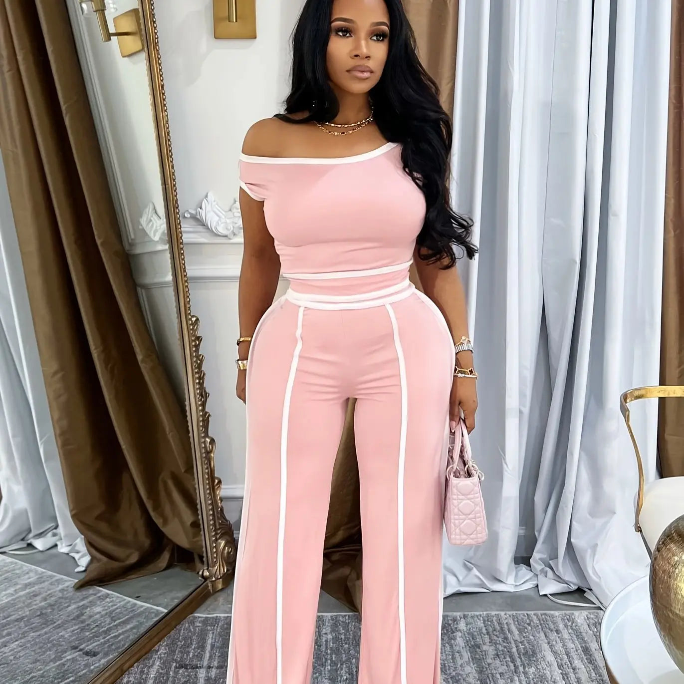 Stylish Off-Shoulder Two-Piece Set – Color Block Crop Top & High-Waist Pants NNOS