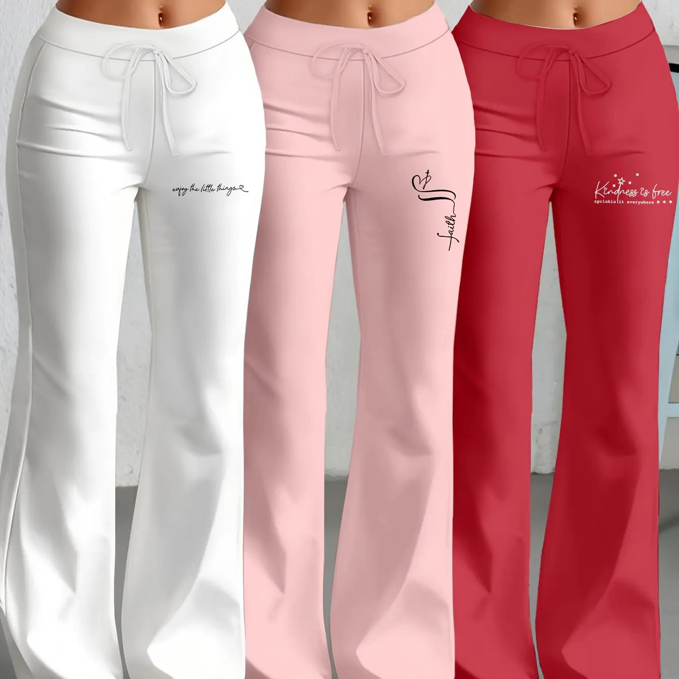 European and American Women's Straight-Leg Flare Pants Classic Personality English Text Print Long Pants 3pcs Set NNOS