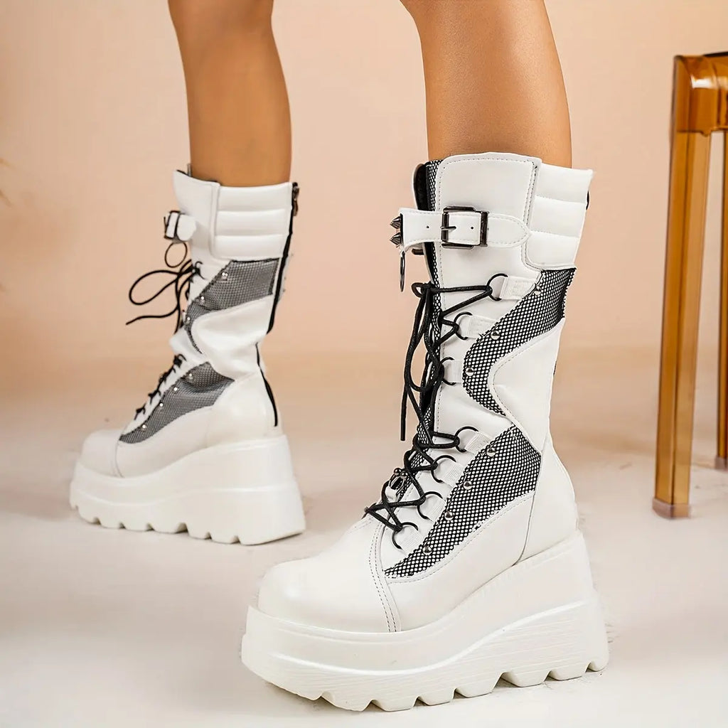 Women’s Y2K Gothic Motorcycle Boots – Platform Lace-Up Punk Style with Buckles NNOS