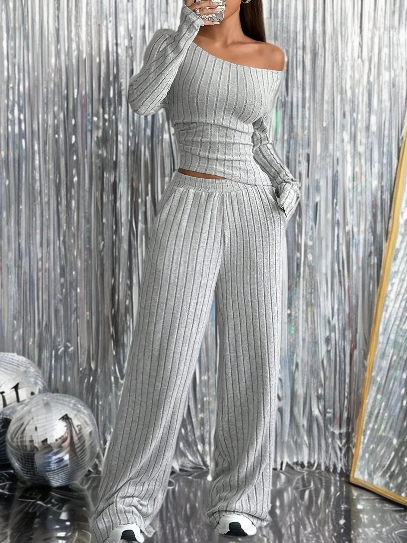 Elegant Knit Suit, Deep Gray, Scoop Neck, One Shoulder, Asymmetrical Shoulde NNOS