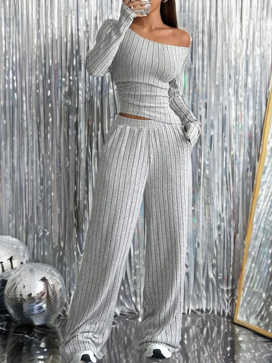 Elegant Knit Suit, Deep Gray, Scoop Neck, One Shoulder, Asymmetrical Shoulde NNOS