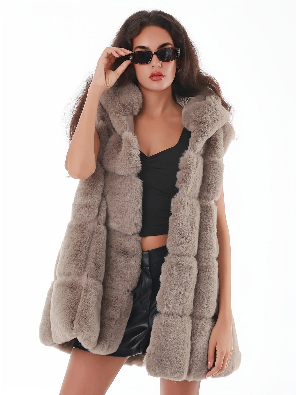 Women'S Faux Fur Hooded Jacket - Sleeveless Winter Coat with Pockets, Black, Casual Style, Warm Winter Outerwear, Winter Jacket NNOS