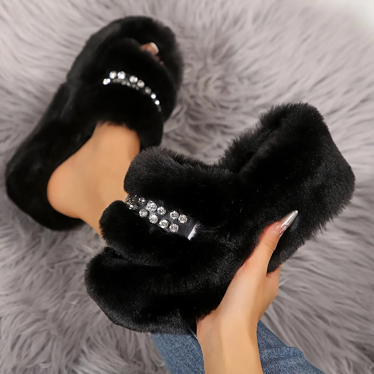 Women’s Winter Plush Slip-On Shoes – Cozy Open-Toe Indoor/Outdoor House Wear NNOS