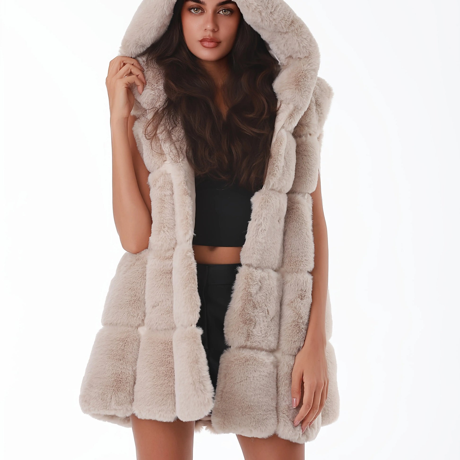 Women'S Faux Fur Hooded Jacket - Sleeveless Winter Coat with Pockets, Black, Casual Style, Warm Winter Outerwear, Winter Jacket NNOS