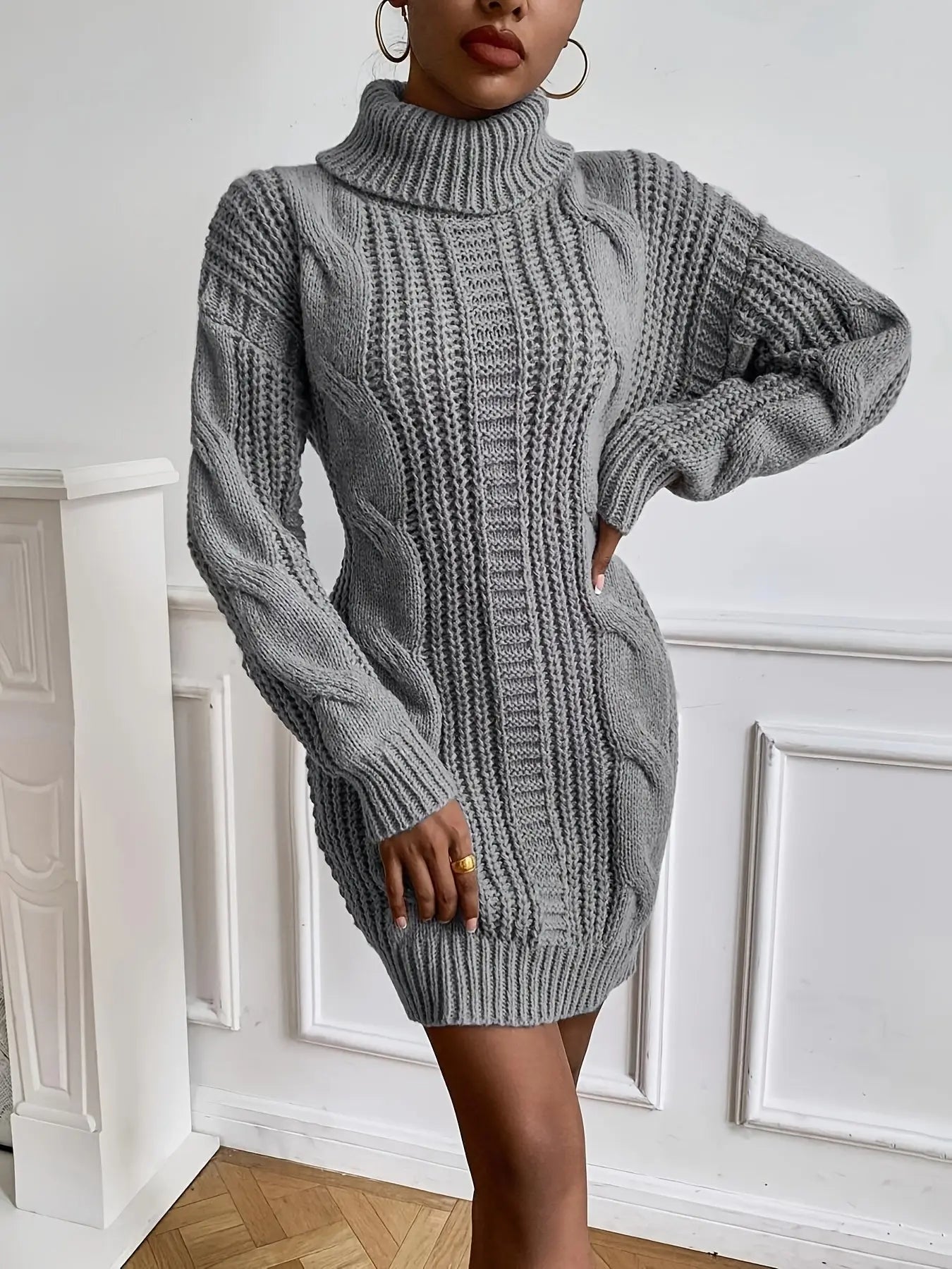 Women’s High Neck Turtleneck Sweater Dress – Elegant Bodycon Mid-Length NNOS