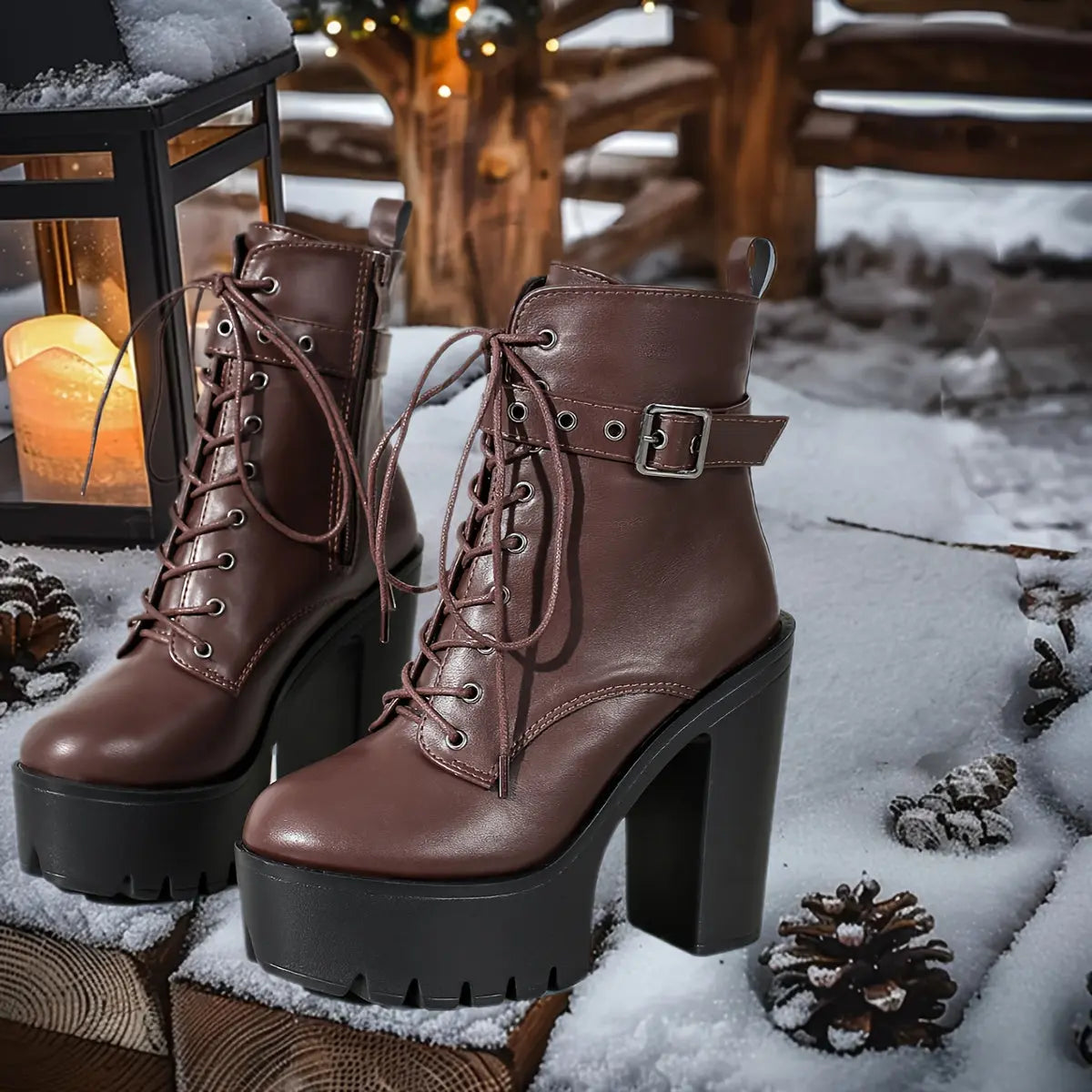 Women’s Chunky Platform Boots – Brown Lace-Up Zip Heeled Boots with Non-Slip Sole NNOS