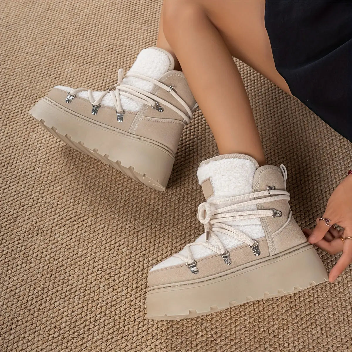 Women’s Cozy Fleece-Lined Winter Boots – Warm Lace-Up Snow Shoes with Buckles NNOS