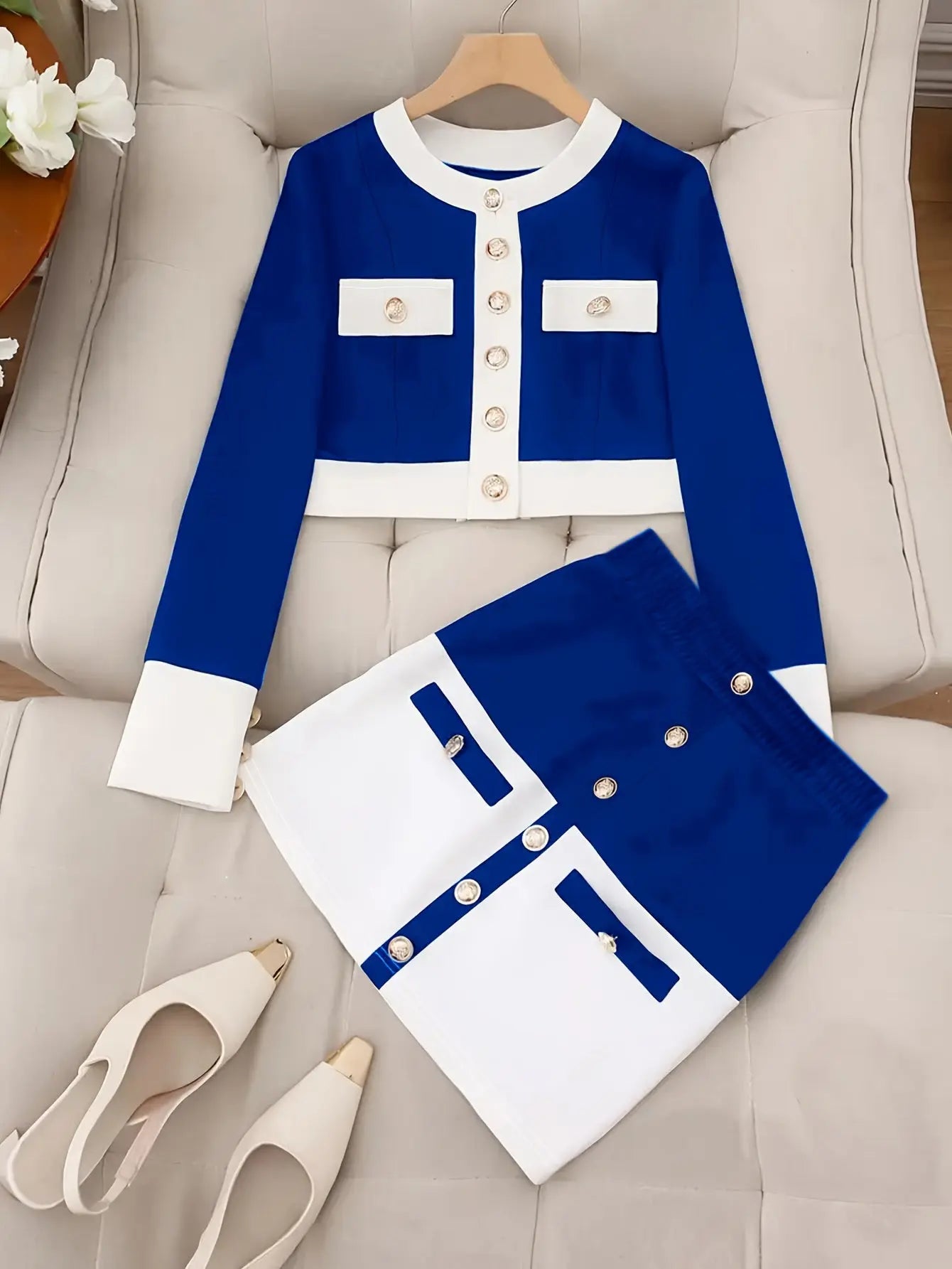 Chic Navy White Knit Set – Blazer & Shorts, Casual Spring/Summer Outfit NNOS