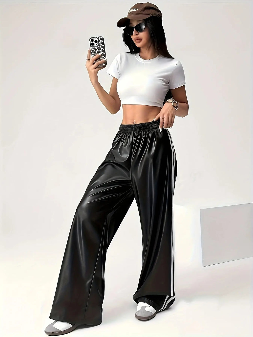 Women’s PU Leather Side-Stripe Pants – Stretchy Skinny Trousers for Fall/Winter NNOS