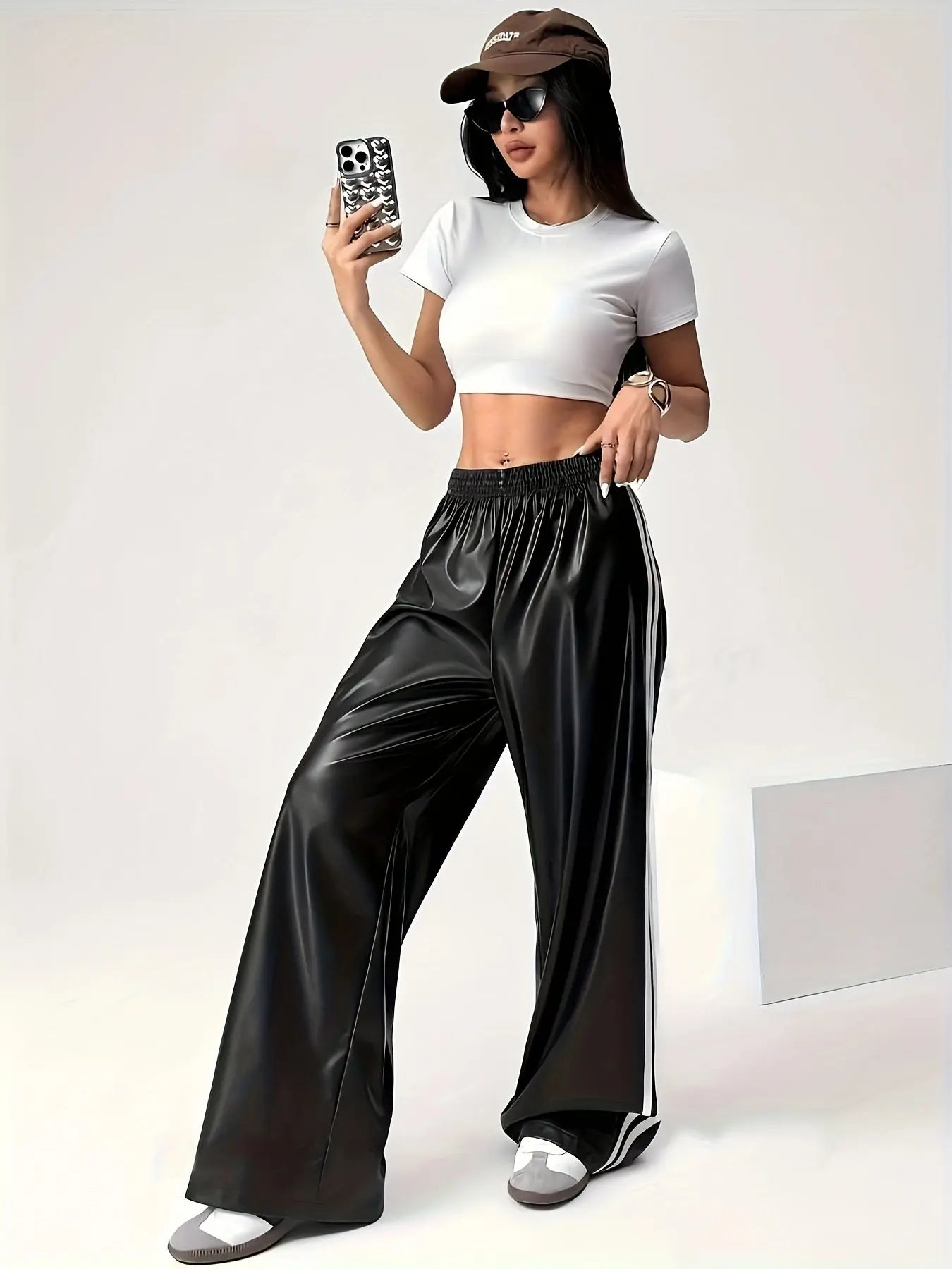 Women’s PU Leather Side-Stripe Pants – Stretchy Skinny Trousers for Fall/Winter NNOS