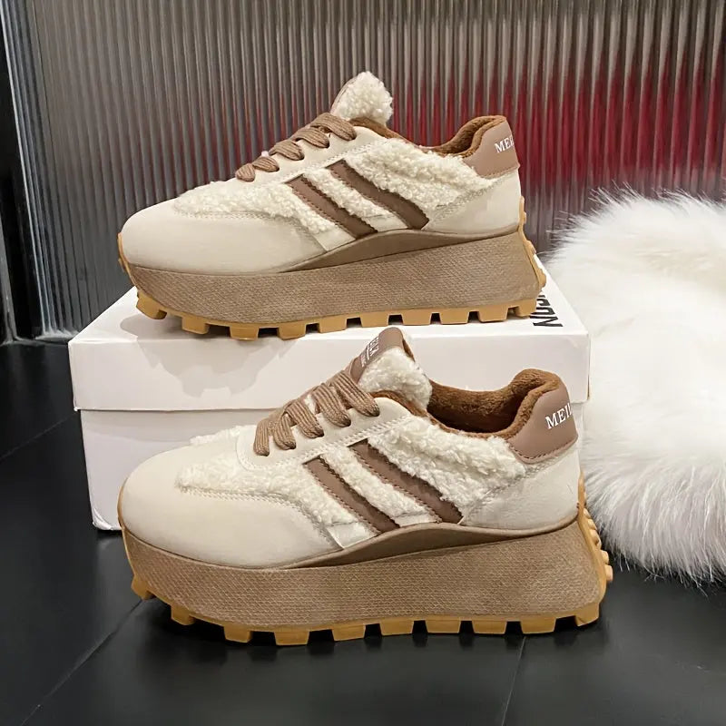 Women’s Winter Lace-Up Sneakers – Cozy Plush Lined Casual Shoes with Cushion NNOS