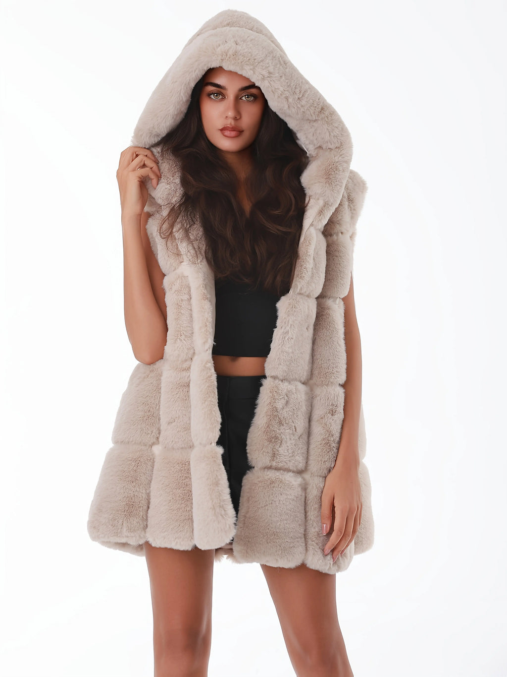 Women'S Faux Fur Hooded Jacket - Sleeveless Winter Coat with Pockets, Black, Casual Style, Warm Winter Outerwear, Winter Jacket NNOS