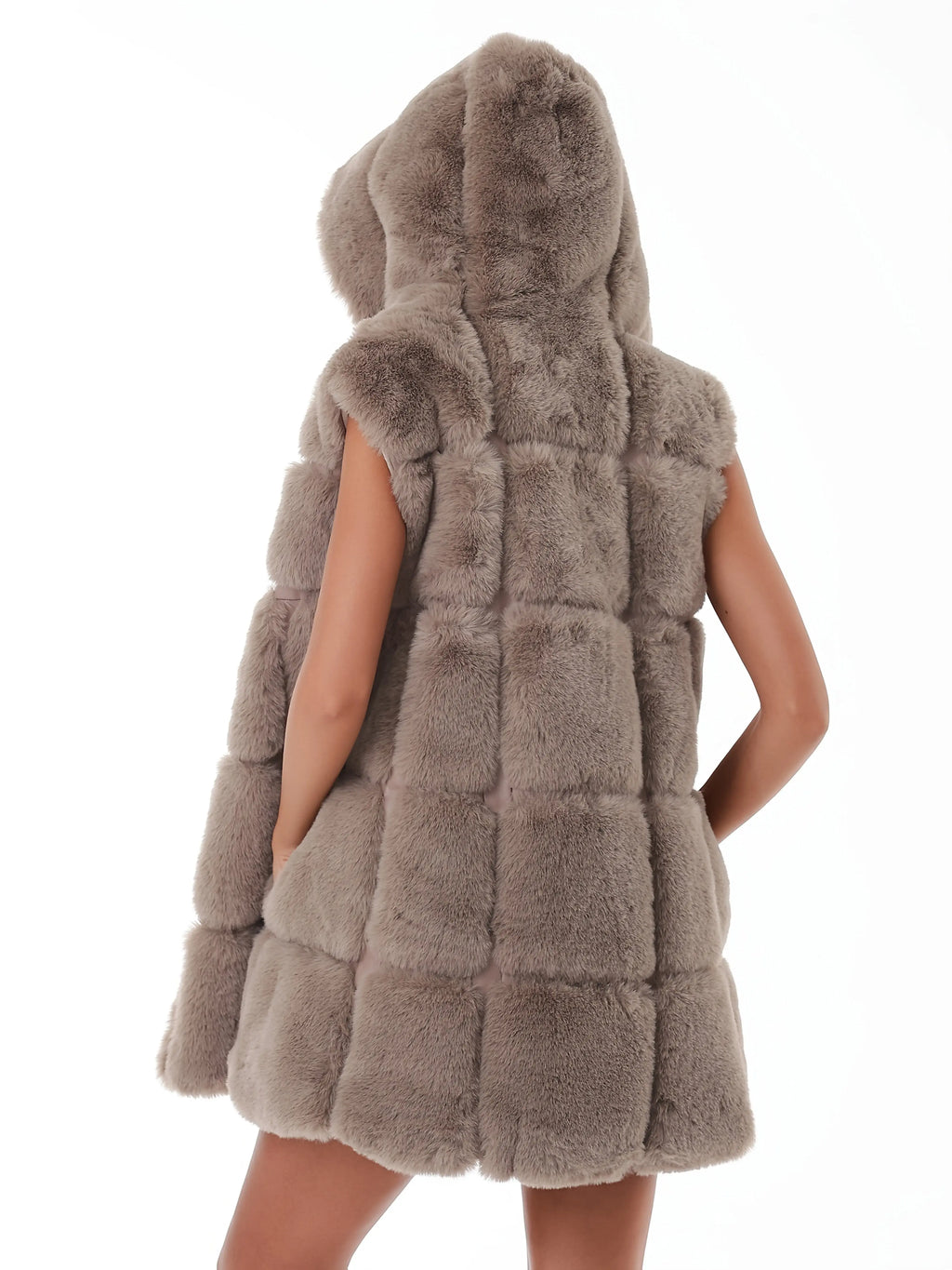 Women'S Faux Fur Hooded Jacket - Sleeveless Winter Coat with Pockets, Black, Casual Style, Warm Winter Outerwear, Winter Jacket NNOS