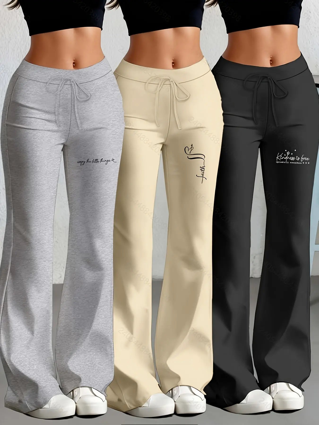 European and American Women's Straight-Leg Flare Pants Classic Personality English Text Print Long Pants 3pcs Set NNOS
