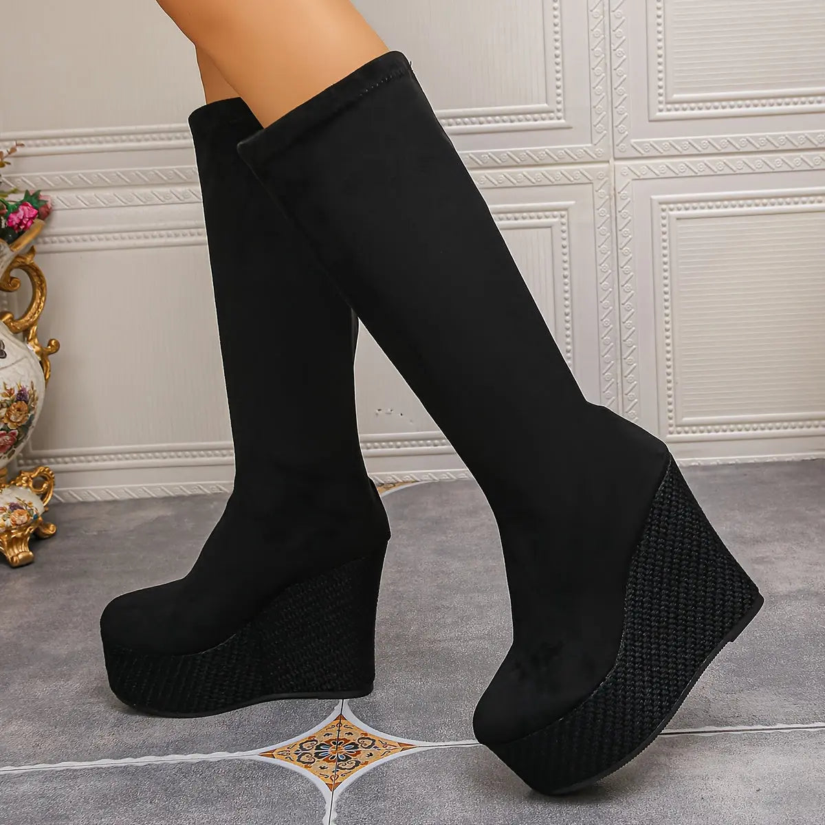 Women’s Stretch Knee-High Boots – Ultra High Heel Thick Sole Height Boosters NNOS