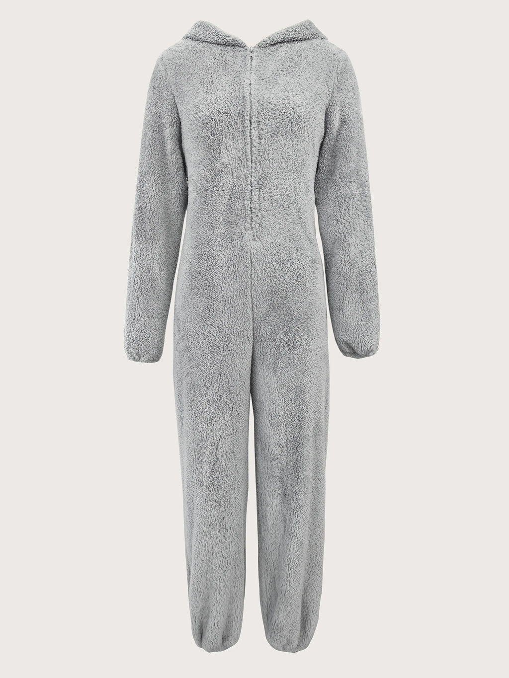 Solid Fuzzy Zip Up Hooded Jumpsuit, Casual Long Sleeve Warm Jumpsuit for Fall & Winter, Women's Clothing NNOS