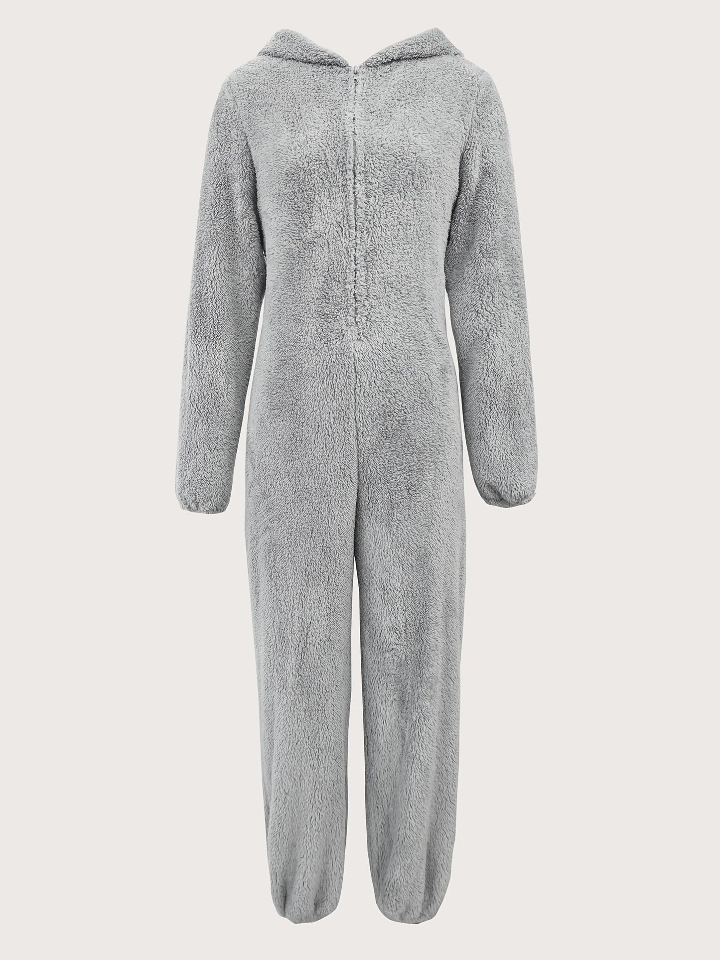 Solid Fuzzy Zip Up Hooded Jumpsuit, Casual Long Sleeve Warm Jumpsuit for Fall & Winter, Women's Clothing NNOS