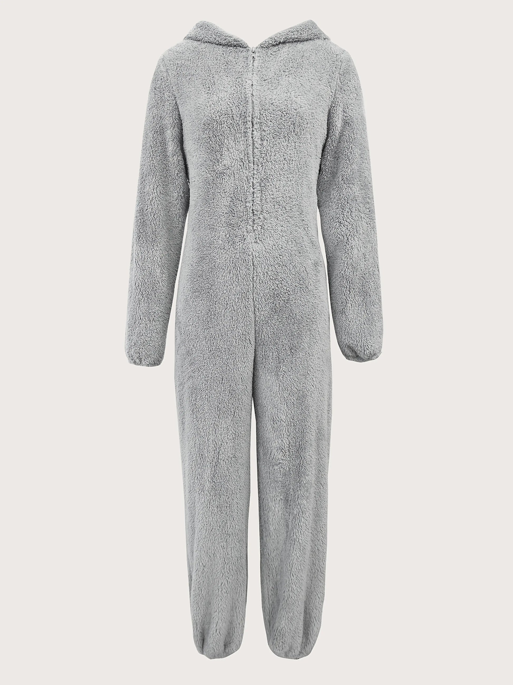 Solid Fuzzy Zip Up Hooded Jumpsuit, Casual Long Sleeve Warm Jumpsuit for Fall & Winter, Women's Clothing NNOS
