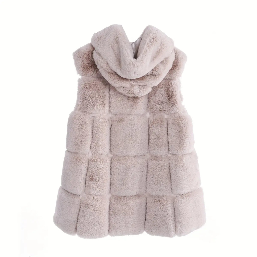 Women'S Faux Fur Hooded Jacket - Sleeveless Winter Coat with Pockets, Black, Casual Style, Warm Winter Outerwear, Winter Jacket NNOS