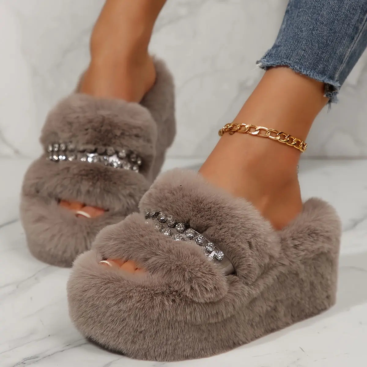 Women’s Winter Plush Slip-On Shoes – Cozy Open-Toe Indoor/Outdoor House Wear NNOS