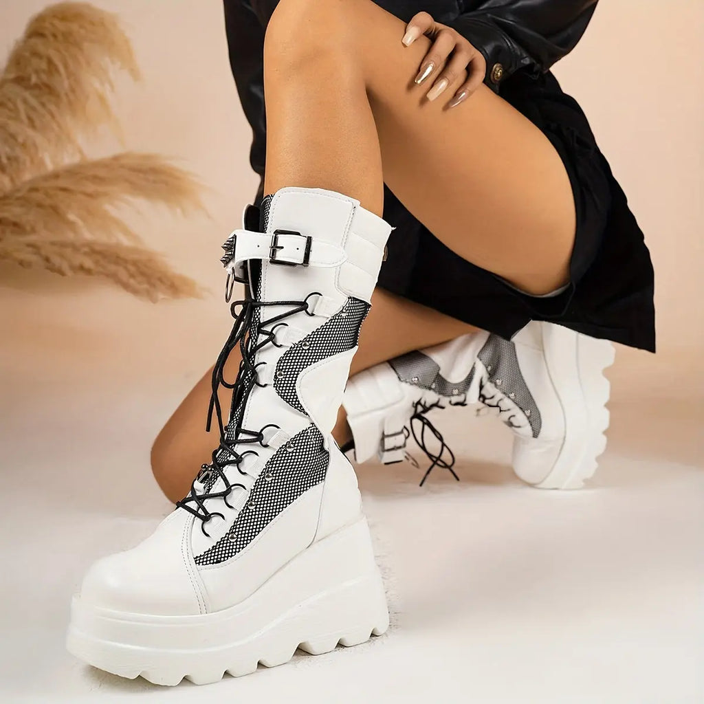 Women’s Y2K Gothic Motorcycle Boots – Platform Lace-Up Punk Style with Buckles NNOS