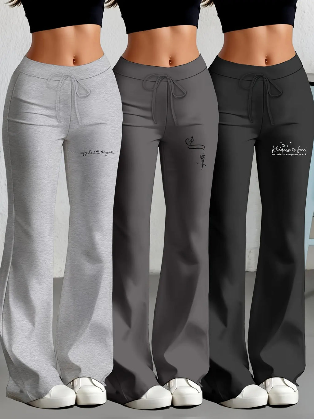 European and American Women's Straight-Leg Flare Pants Classic Personality English Text Print Long Pants 3pcs Set NNOS
