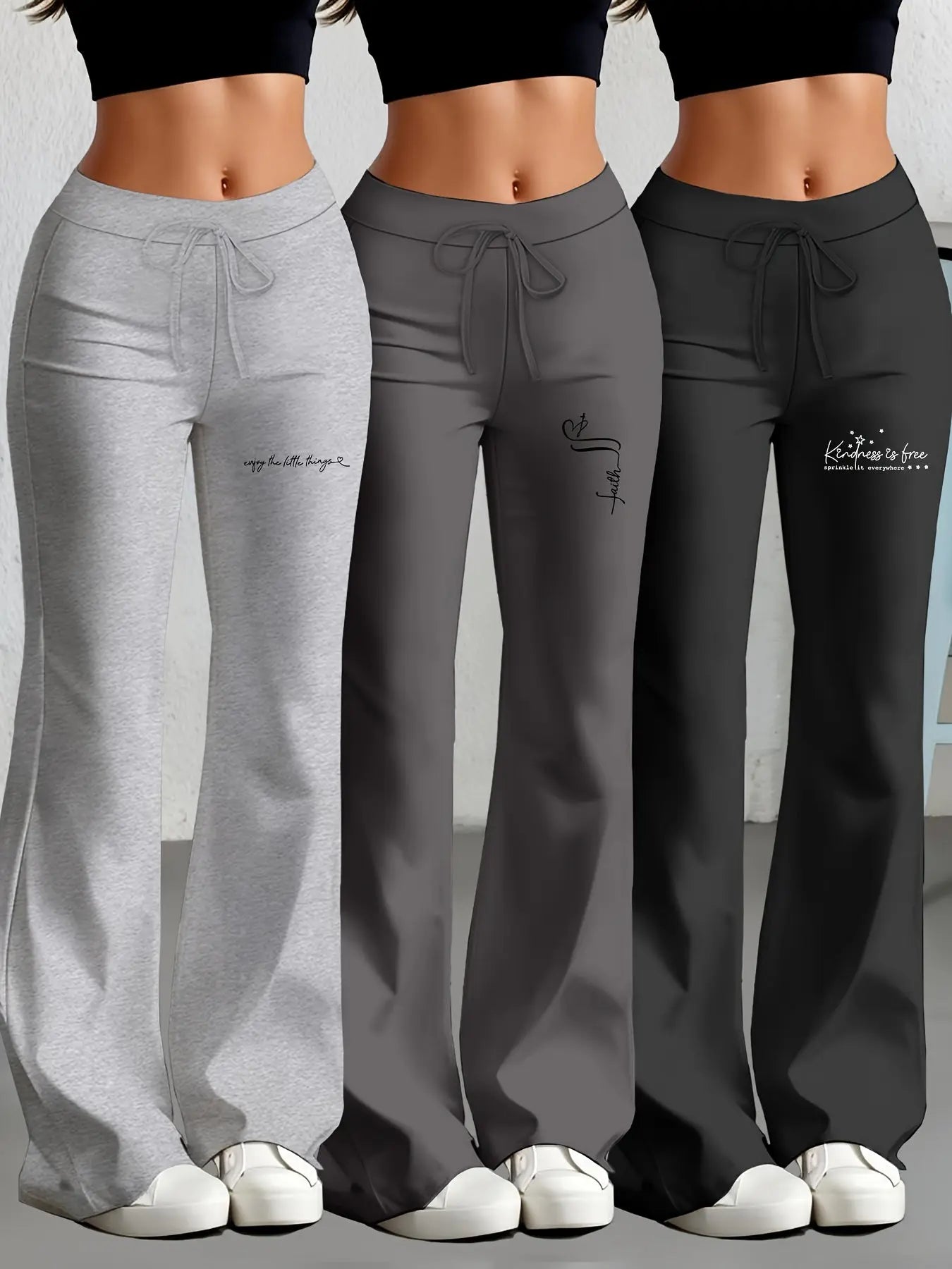 European and American Women's Straight-Leg Flare Pants Classic Personality English Text Print Long Pants 3pcs Set NNOS
