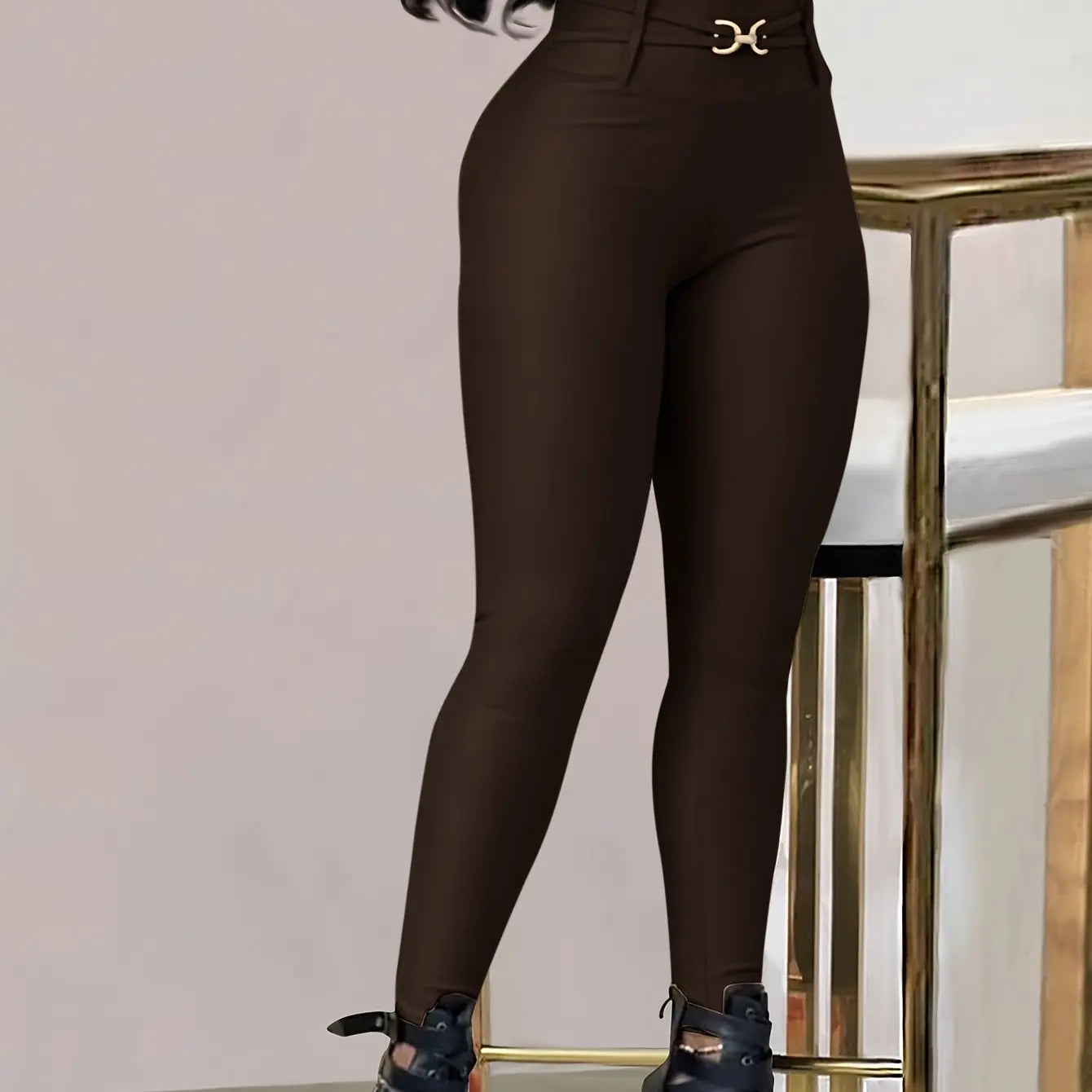 Women’s High-Waist Black Skinny Leggings – Stretchy Fit with Button Detail NNOS