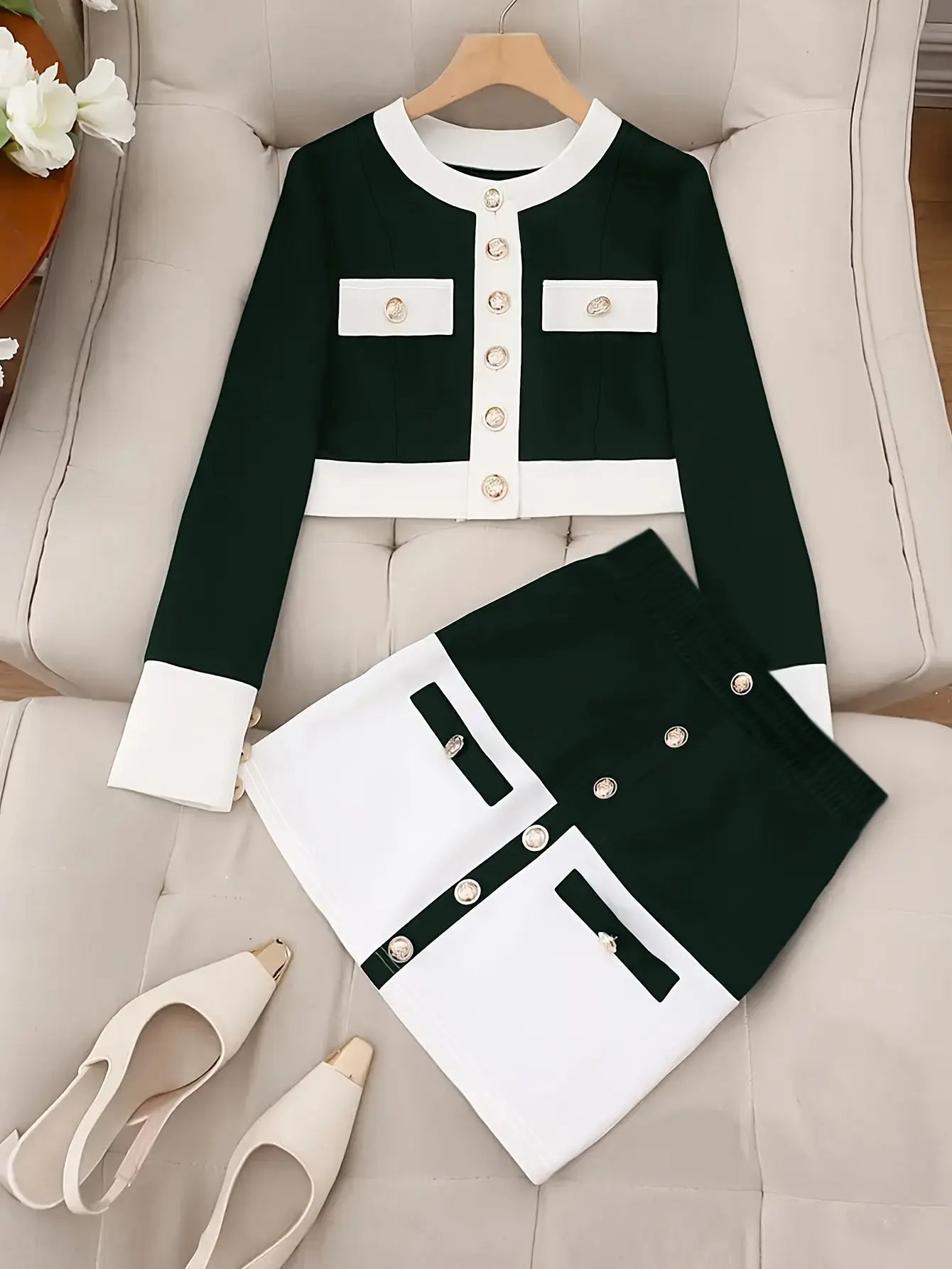 Chic Navy White Knit Set – Blazer & Shorts, Casual Spring/Summer Outfit NNOS