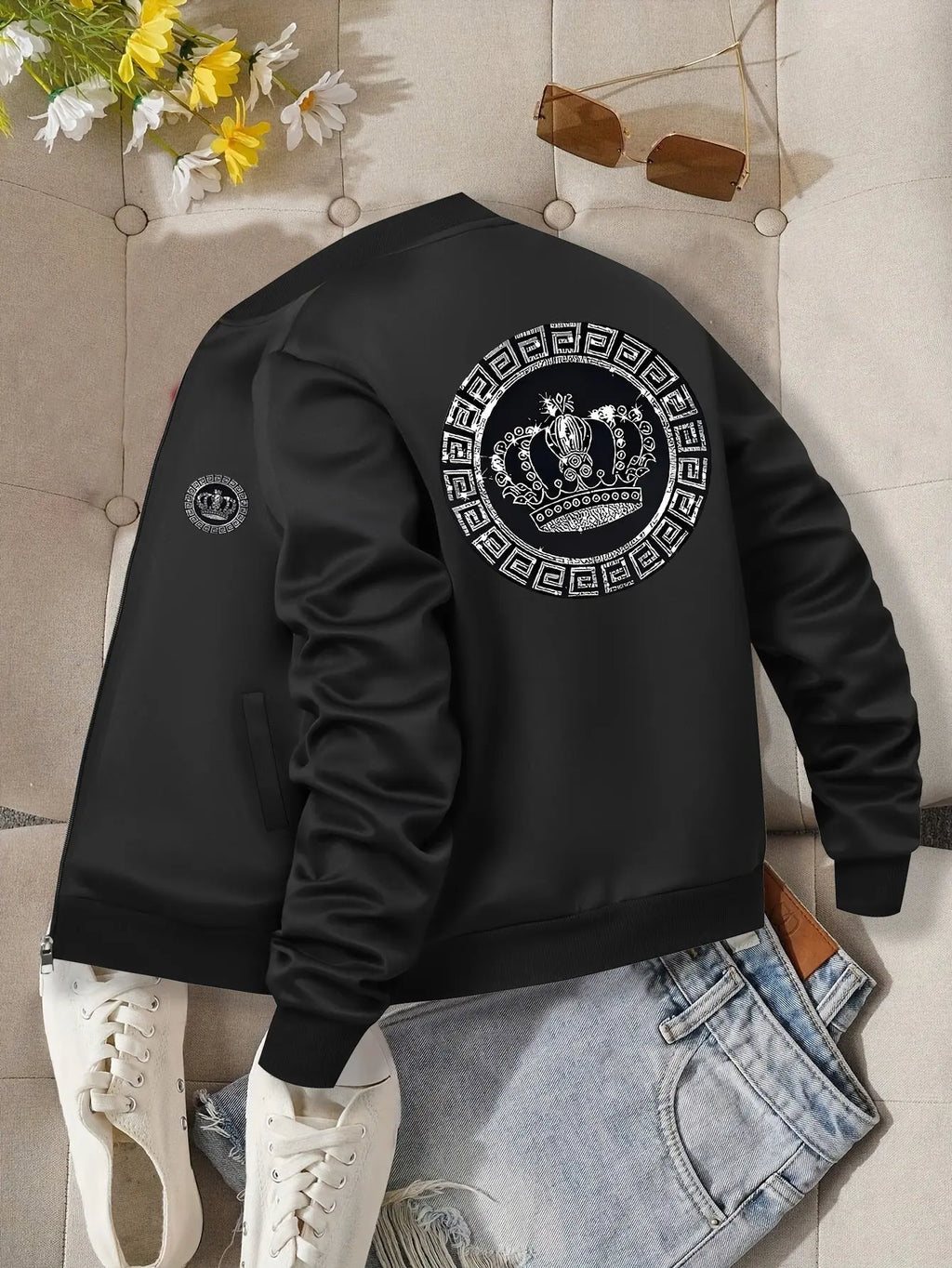 Women’s Crown Print Baseball Jacket – Lightweight Zip-Up Casual Streetwear NNOS