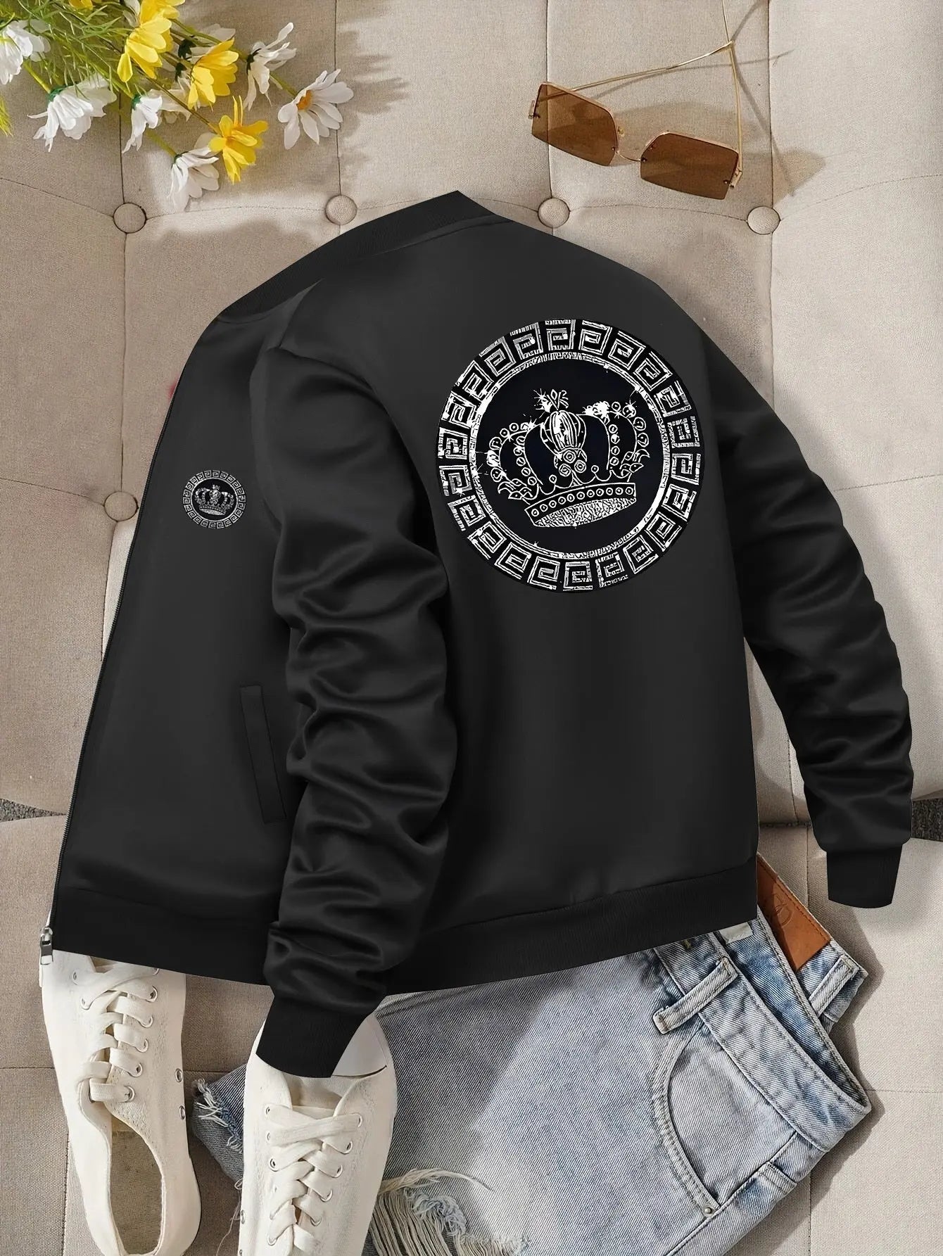 Women’s Crown Print Baseball Jacket – Lightweight Zip-Up Casual Streetwear NNOS