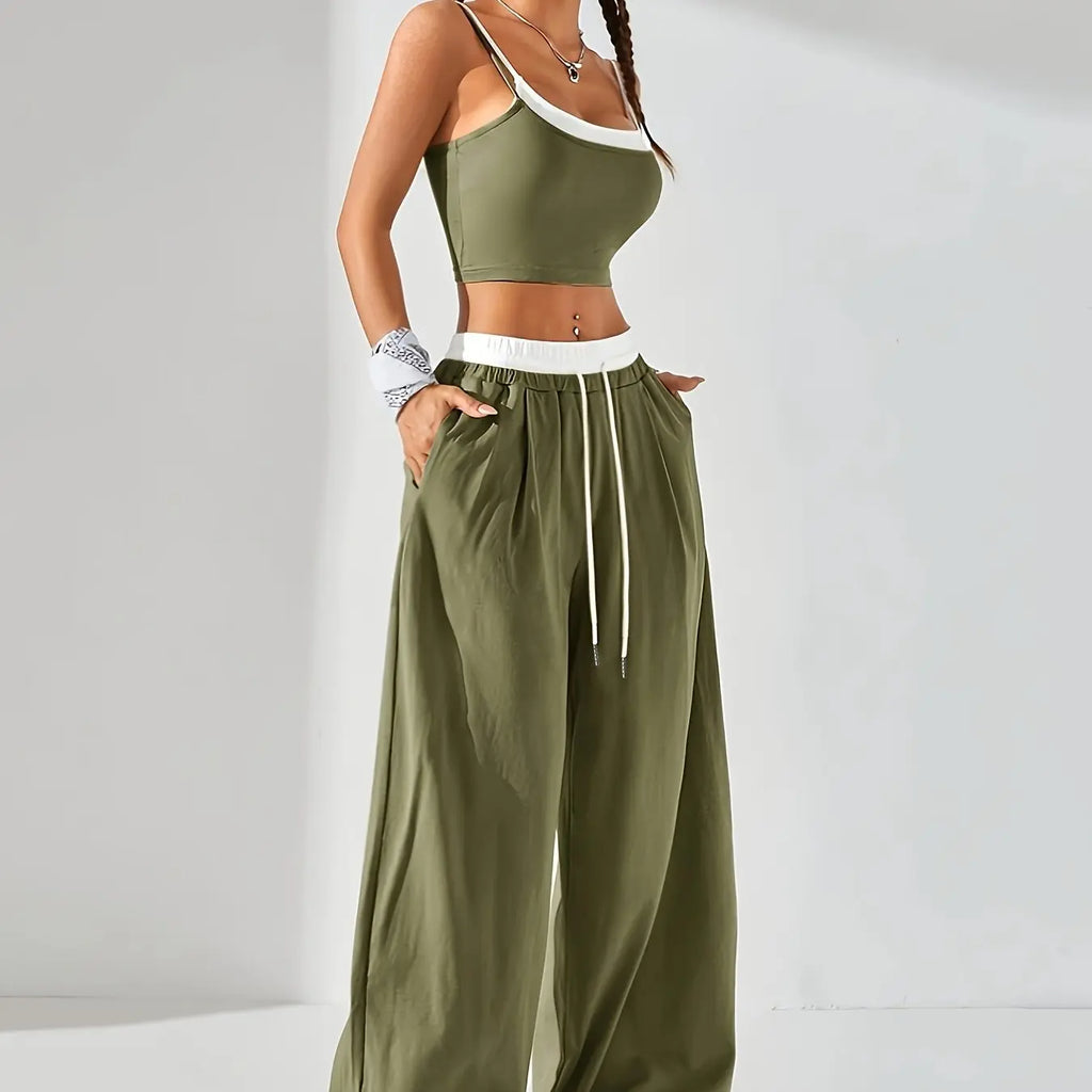 Women's Long Pants Suit Summer Sleeveless Crop Top and Trousers Casual Contrast Vest Set Elegant Two-Piece Outfit NNOS