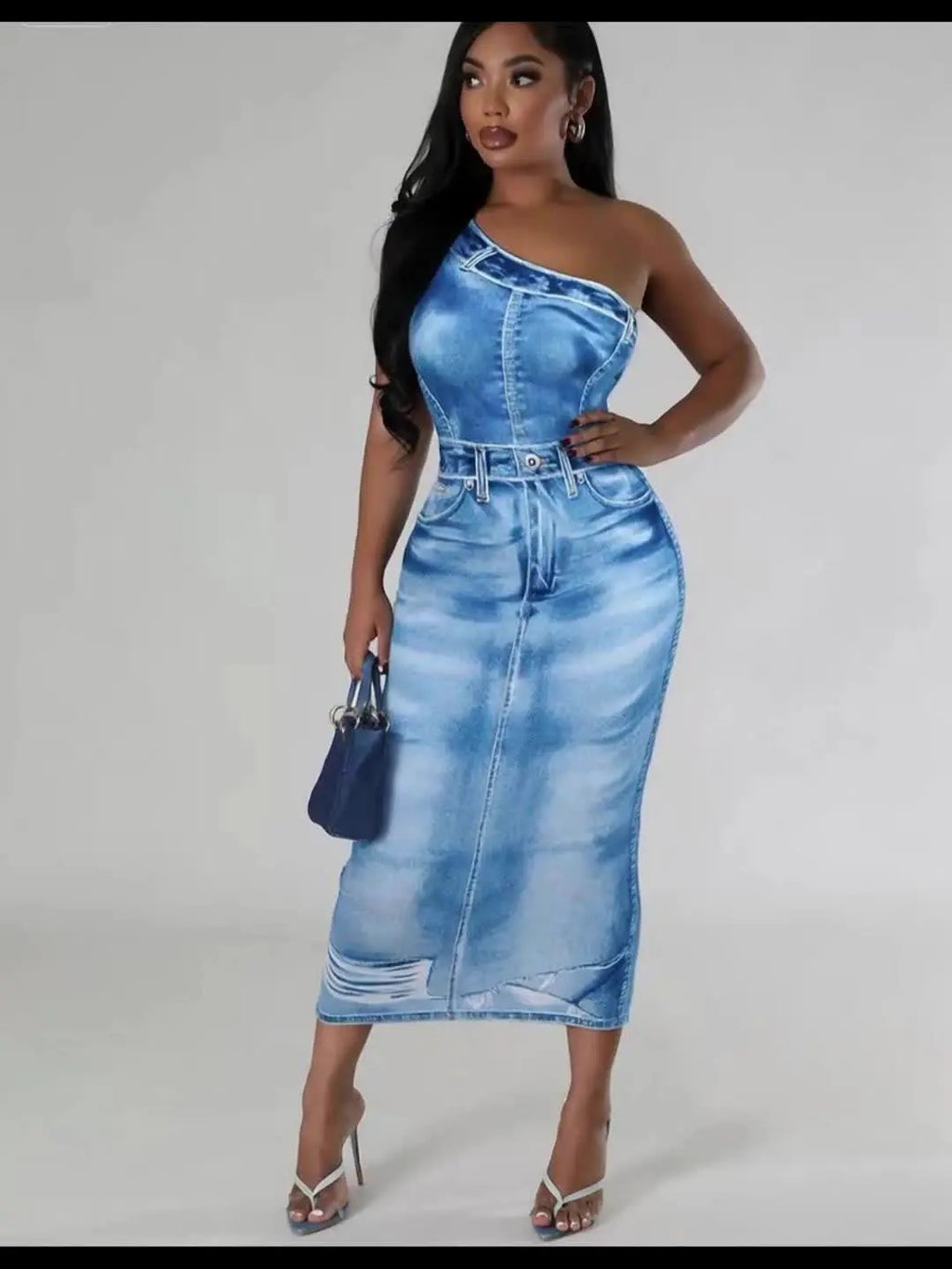 Women’s Off-Shoulder Denim Print Bodycon Dress – Slim Fit Casual to Evening NNOS