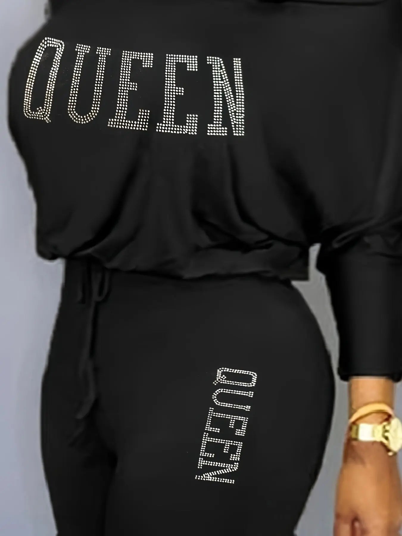 Women’s Off-Shoulder QUEEN Jumpsuit – Rhinestone Graphic Long Sleeve Outfit NNOS