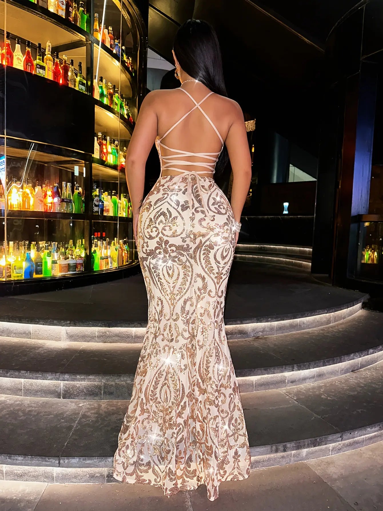 Elegant Off-Shoulder Sequin Gown – Deep V-Neck High-Slit Floor-Length Dress NNOS