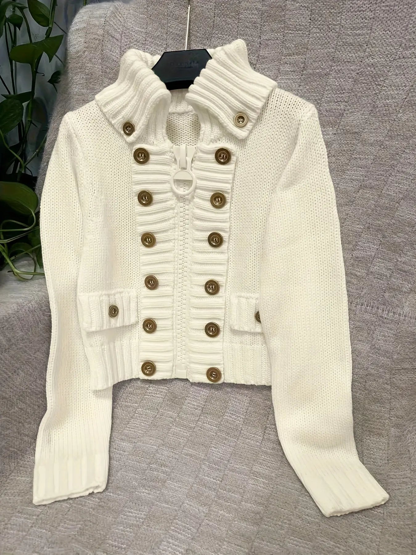 Multi-button decorated large zipper stand-up collar slim-fit cardigan NNOS