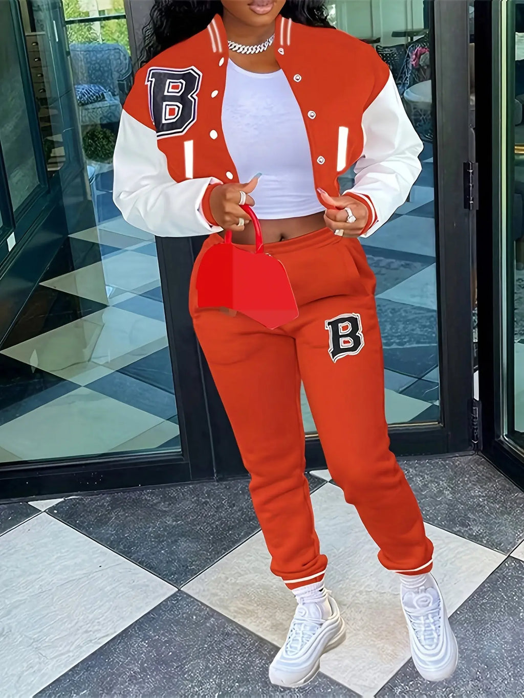 Chic, Women's Casual Letter Print Baseball Jacket and Pants Set - Red and White, Polyester Blend, Machine Washable, Fall/Winter Fashion Ensemble NNOS