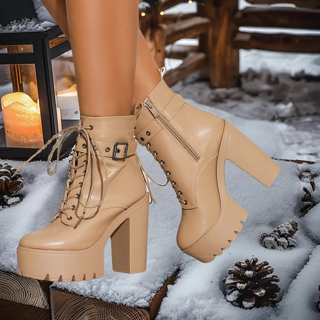 Women’s Chunky Platform Boots – Brown Lace-Up Zip Heeled Boots with Non-Slip Sole NNOS