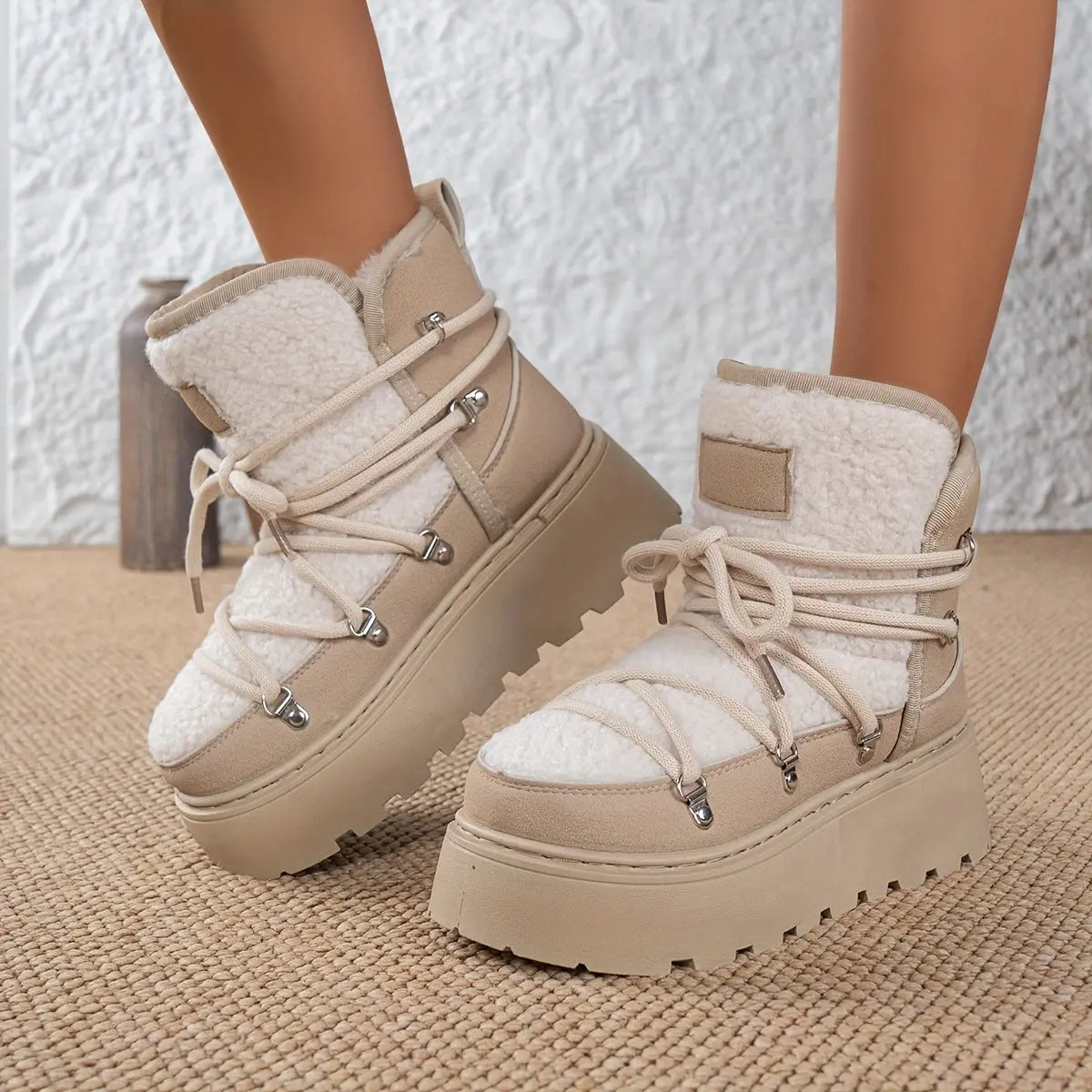 Women’s Cozy Fleece-Lined Winter Boots – Warm Lace-Up Snow Shoes with Buckles NNOS