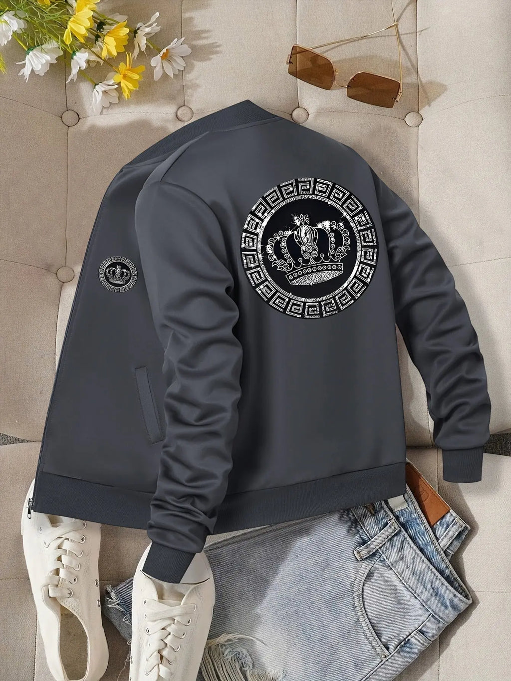 Women’s Crown Print Baseball Jacket – Lightweight Zip-Up Casual Streetwear NNOS