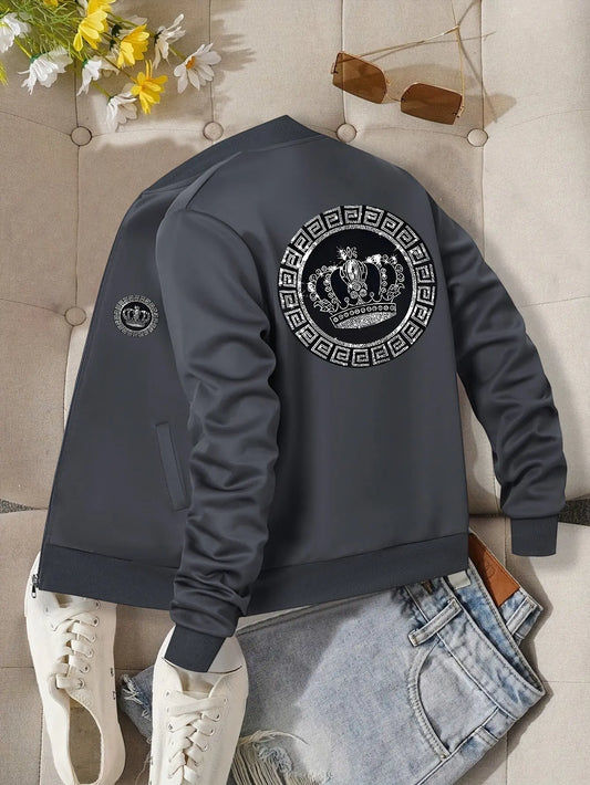 Women’s Crown Print Baseball Jacket – Lightweight Zip-Up Casual Streetwear NNOS