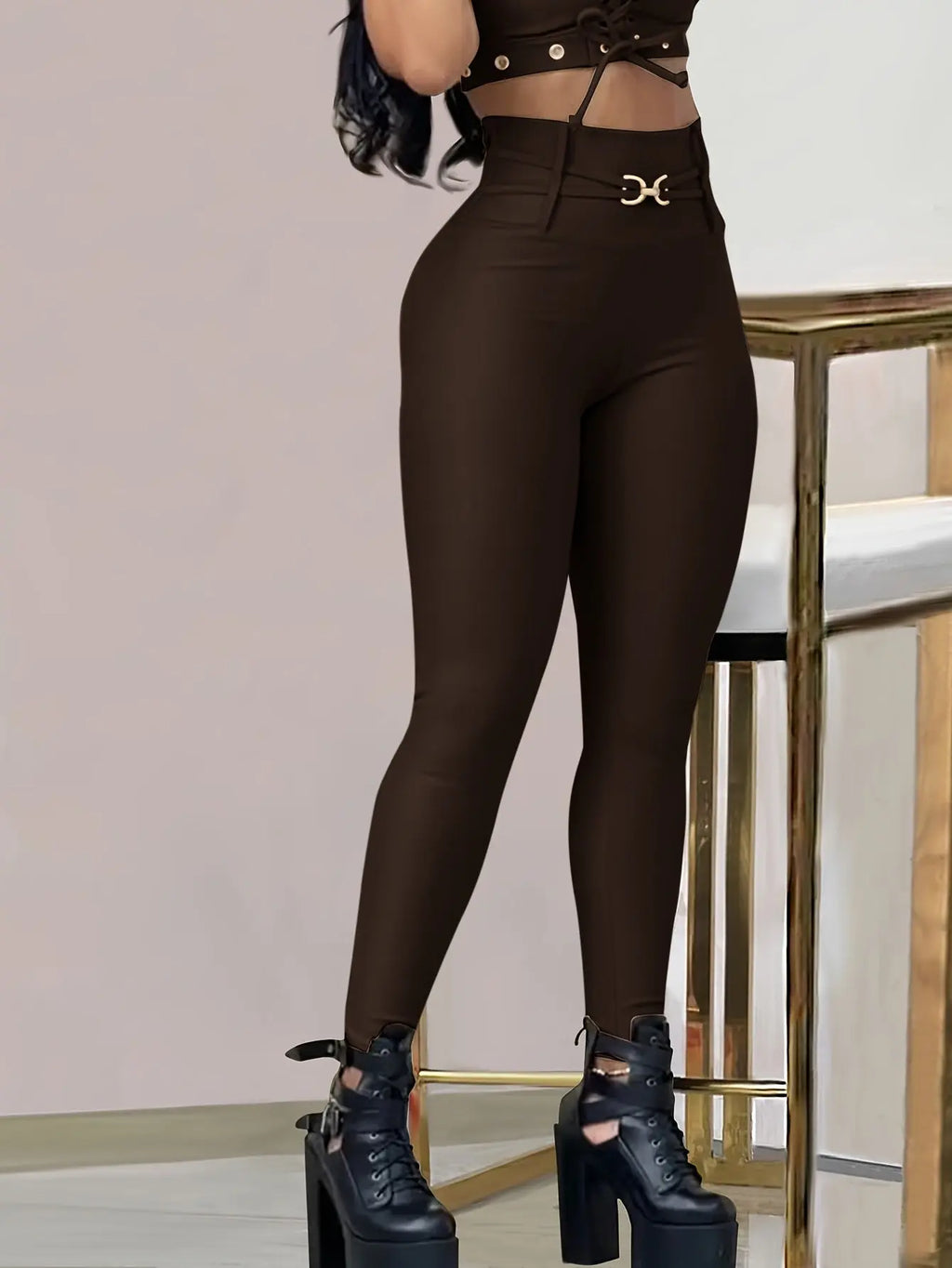 Women’s High-Waist Black Skinny Leggings – Stretchy Fit with Button Detail NNOS