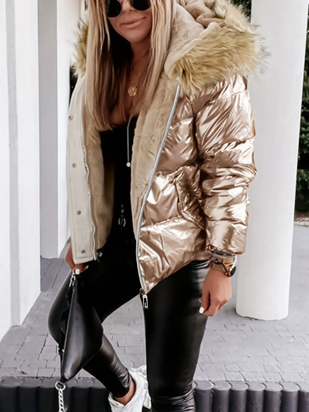 Women’s Cozy Faux Fur Hooded Jacket – Thick Zip-Up Winter Coat with Pockets NNOS