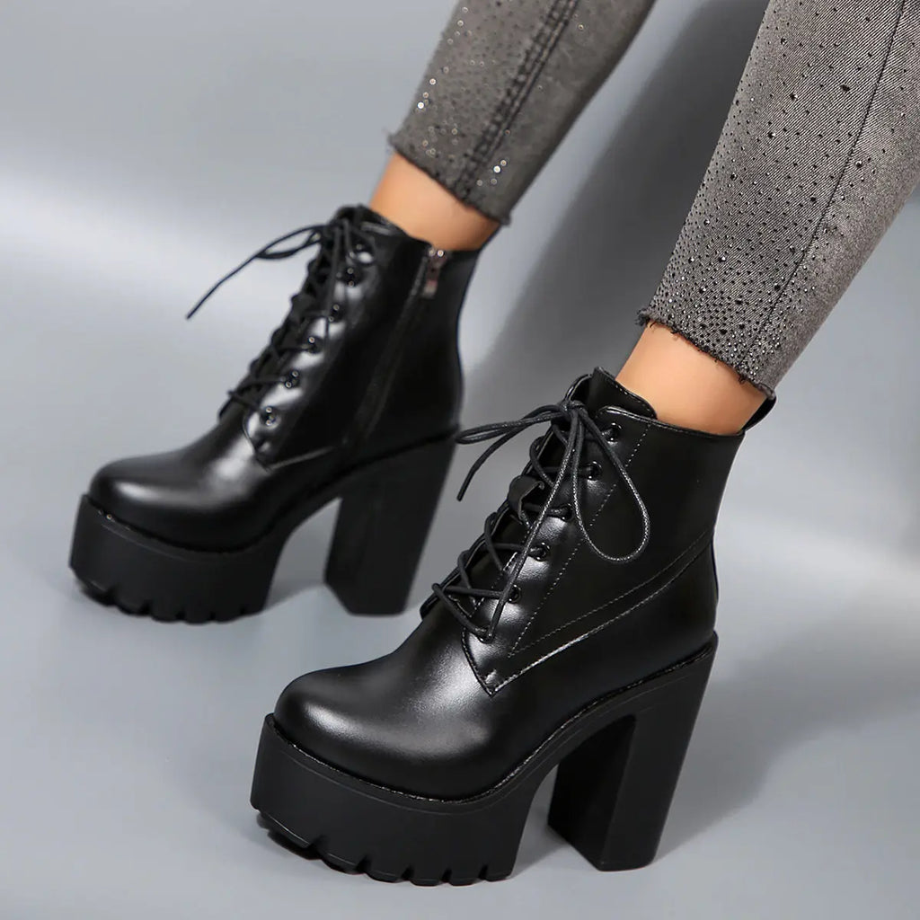 8 Sizes Available Women's High Heel Ankle Boots with Thick Sole and Back Zipper, Fashionable Outdoor Booties for Ladies NNOS