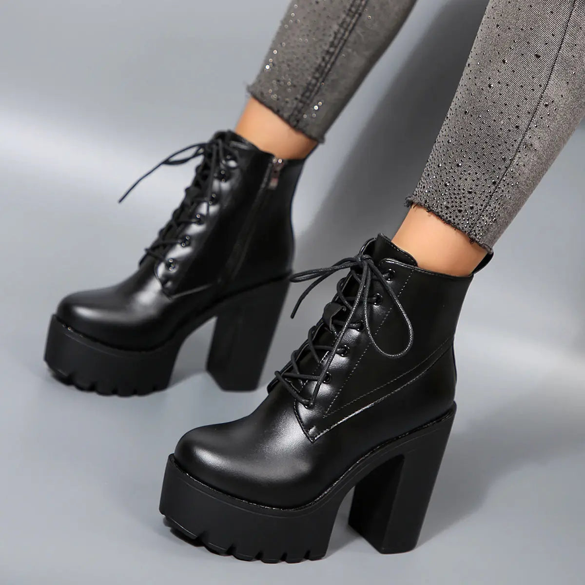 8 Sizes Available Women's High Heel Ankle Boots with Thick Sole and Back Zipper, Fashionable Outdoor Booties for Ladies NNOS